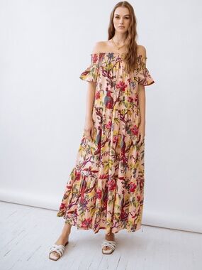 Guadalupe BLUE/pink Floral Bird Print Smocked Off-Shoulder Maxi Dress size M